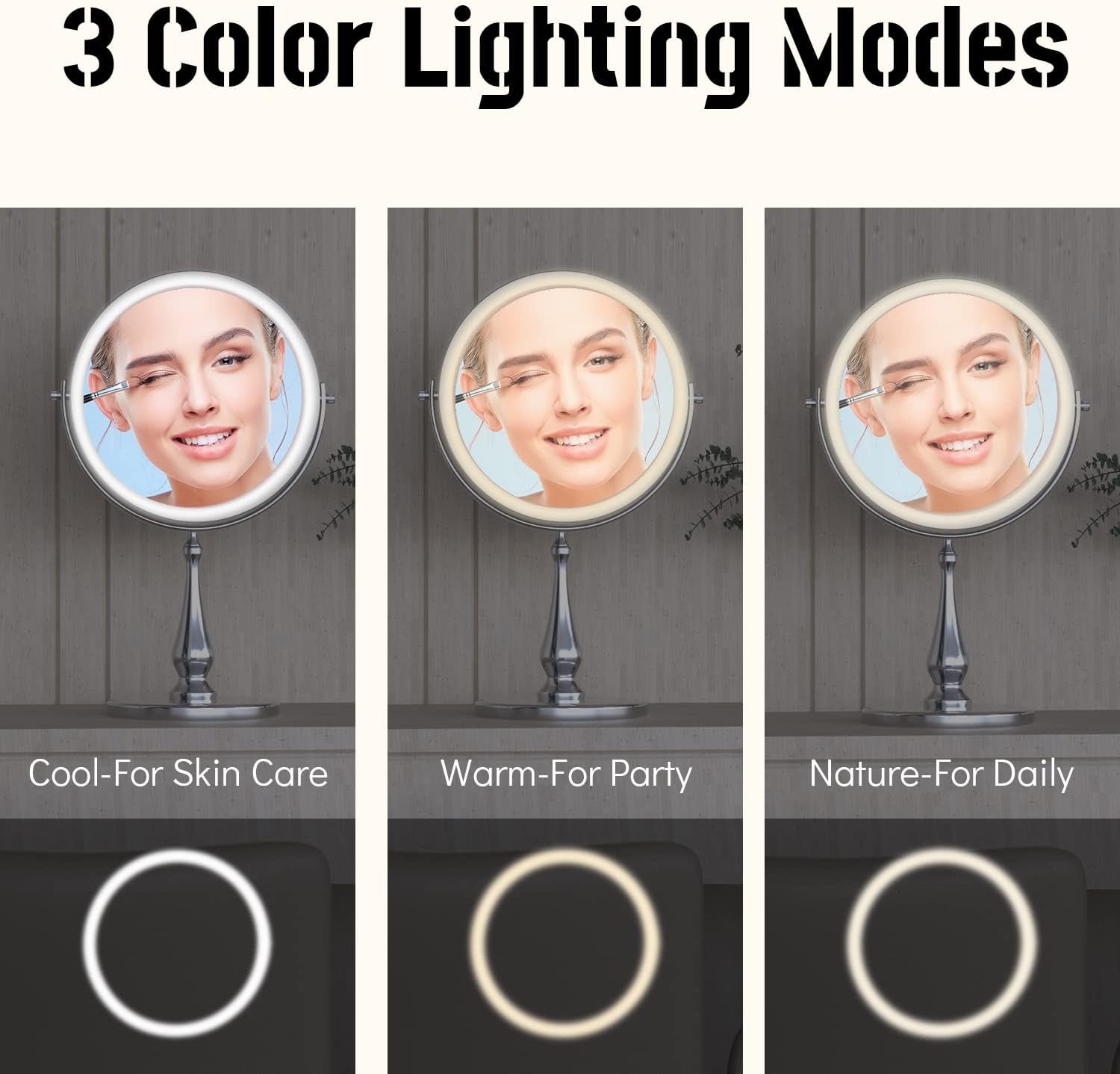 9" Large Lighted Makeup Mirror, 1X/10X Magnifying Vanity Mirror with 3 Colors Dimmable Lightning, 80 LED Lights, 360°Rotation Double Sided Standing Desk Mirror