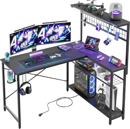 L Shaped Gaming Desk with Power Outlets, 51 Inch Large LED Computer Desk Reversible Corner Desk with 4 Tiers Storage Shelves, Gamer Desk with Headset Hooks and Cup Holder, Carbon Fiber Black