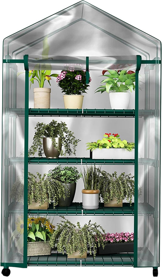 4 Tier Mini Greenhouse - Portable Greenhouse with Locking Wheels and PVC Cover for Indoor or Outdoor - 27 X 19 X 63-Inch Green House by - Design By Technique