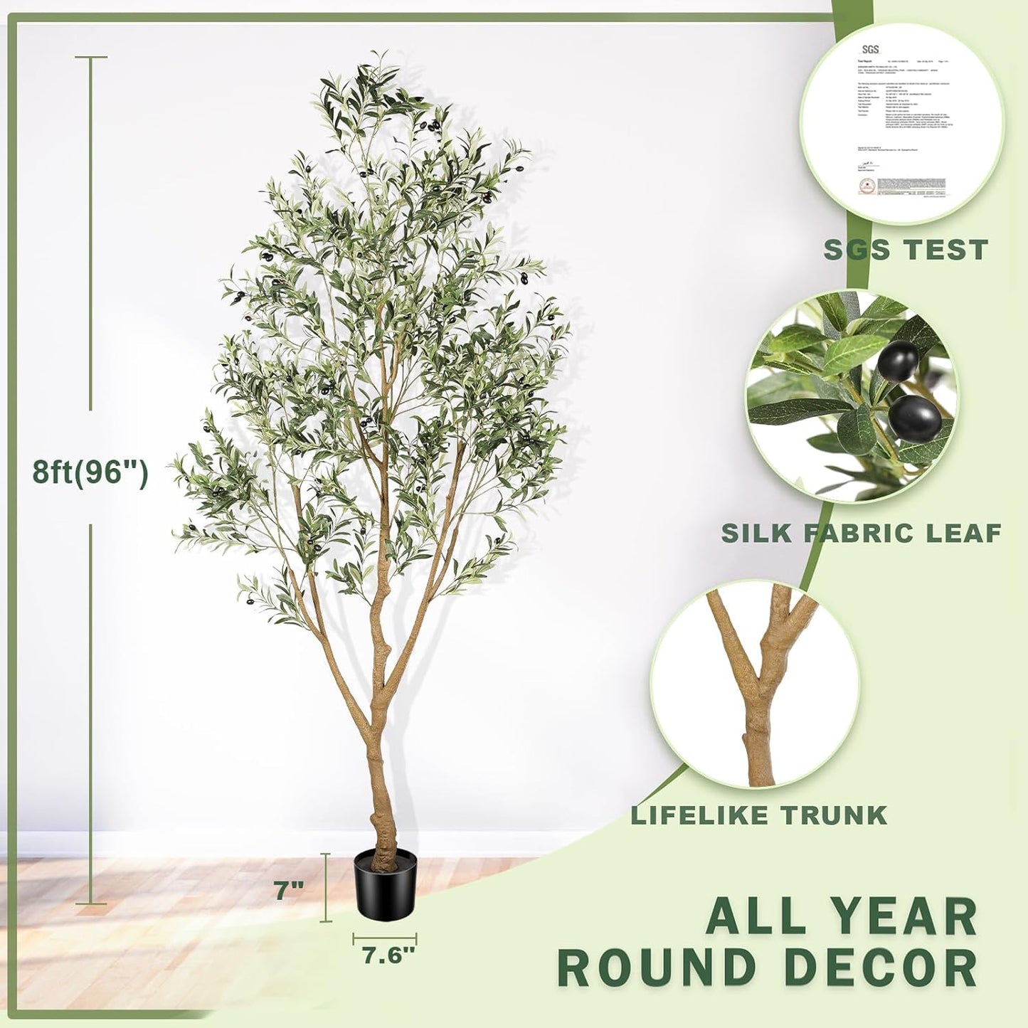 Faux Olive Tree 8Ft (96") - 8Ft Tall Fake Olive Silk Tree for Modern Home Office Decor - Artificial Olive Tree Indoor with Natural Wood Trunk and Lifelike Fruits