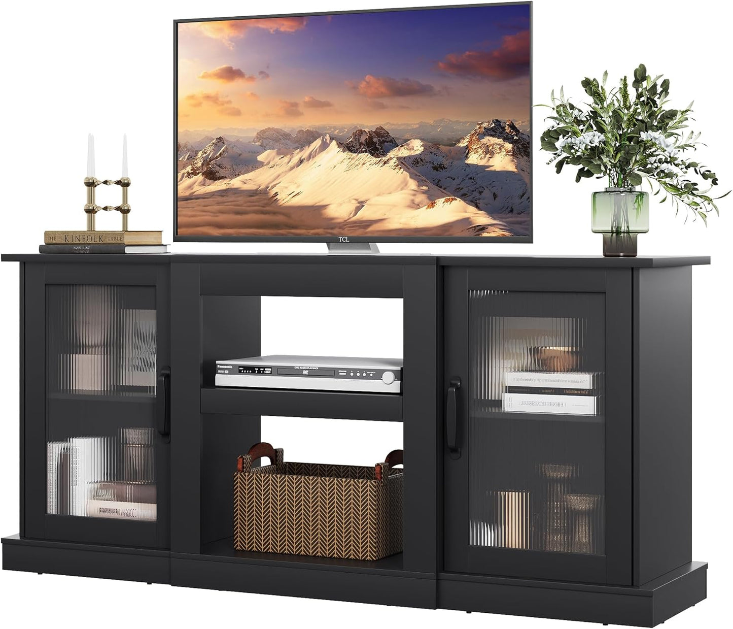 Retro TV Stand for 65 Inch TV, TV Console Cabinet with Storage, Open Shelves Entertainment Center for Living Room and Bedroom, Black