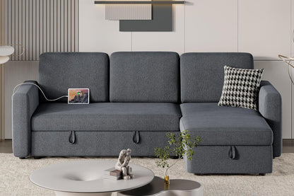 Sectional Sofa L-Shaped Sofa Couch Bed W/Chaise & USB, Reversible Couch Sleeper W/Pull Out Bed & Storage Space, 4-Seat Fabric Convertible Sofa, Pull Out Couch for Living Room Dark Gray