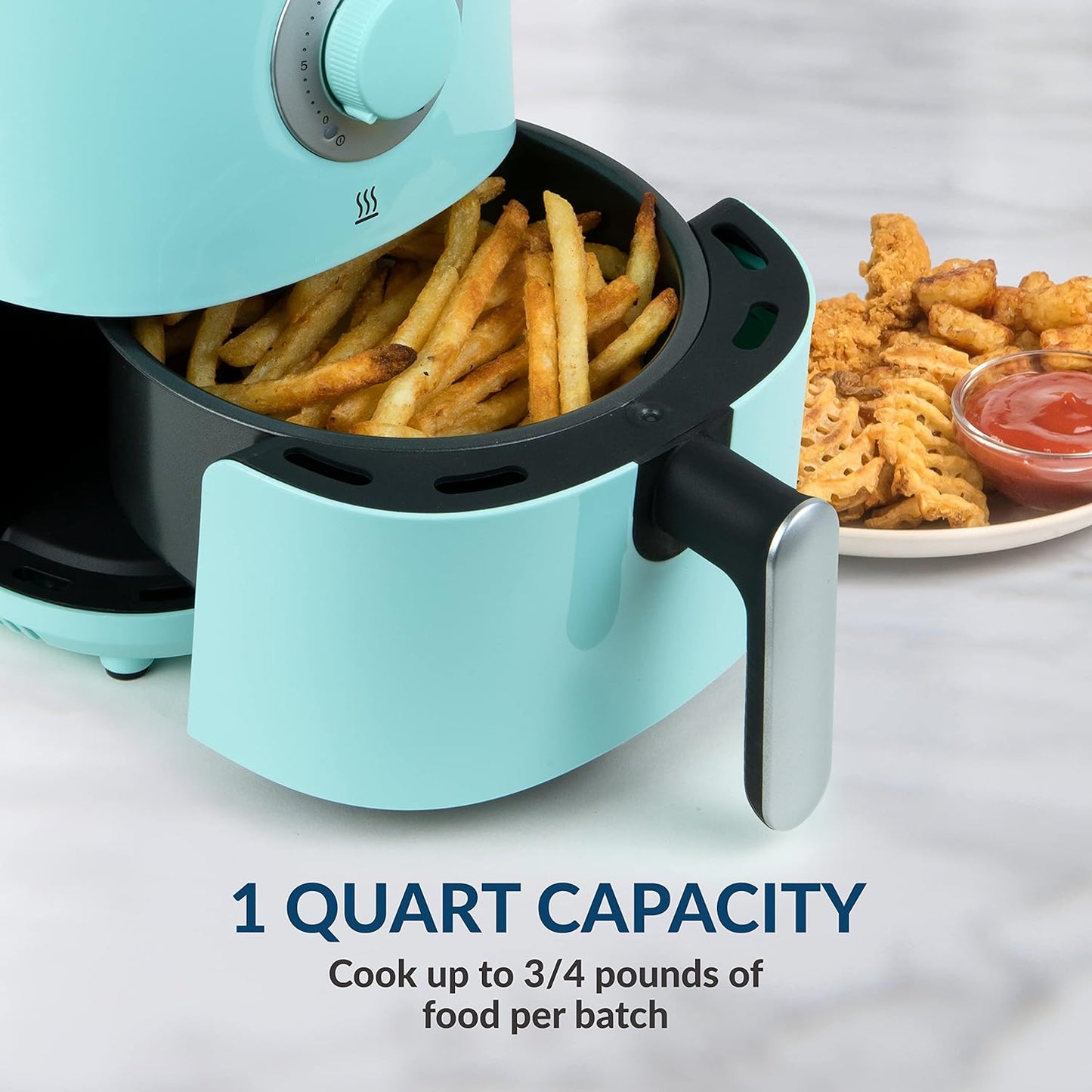 Personal Air Fryer 1-Quart, Compact Space Saving, Adjustable 30 Minute Timer and Temperature up to 400℉, Non-Stick Dishwasher Safe Basket, Portion Control, Aqua