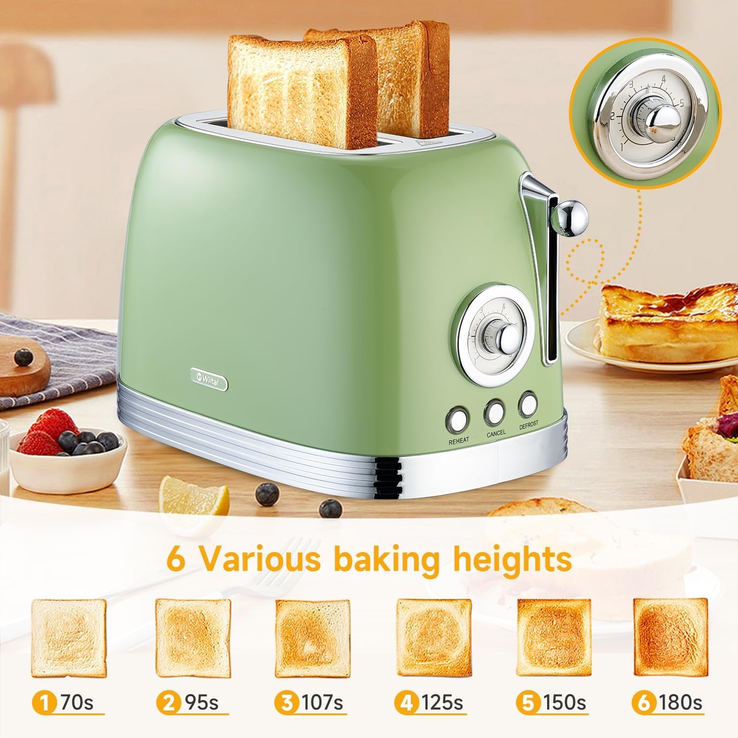 Toaster Retro 2 Slice, Vintage Toaster, Green Toaster, with Stainless Steel Lid, with Bread Attachment, Preheat, Defrost and Cancel Functions, 6 Browning Levels (Green)