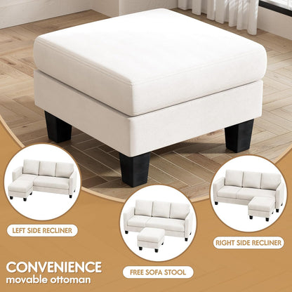 Convertible Sectional Sofa Couch, 3 Seat L-Shaped Sofa with Linen Fabric, Movable Ottoman Small Couch for Small Apartments, Living Room and Office (Whtie)