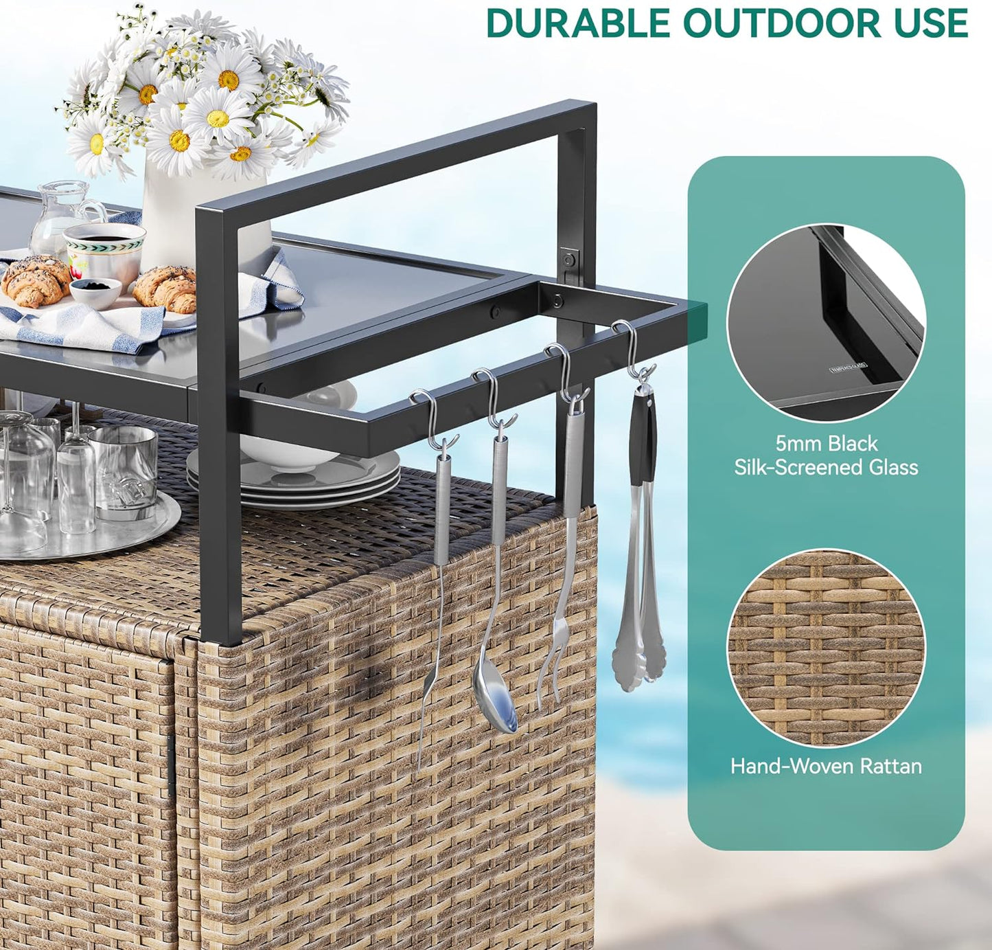 Large Outdoor Kitchen Wicker Island Rolling Cart &Bar Table, Wheels and Black Glass Table Top for Patio, Poolside and Backyard (Light Brown) - Design By Technique