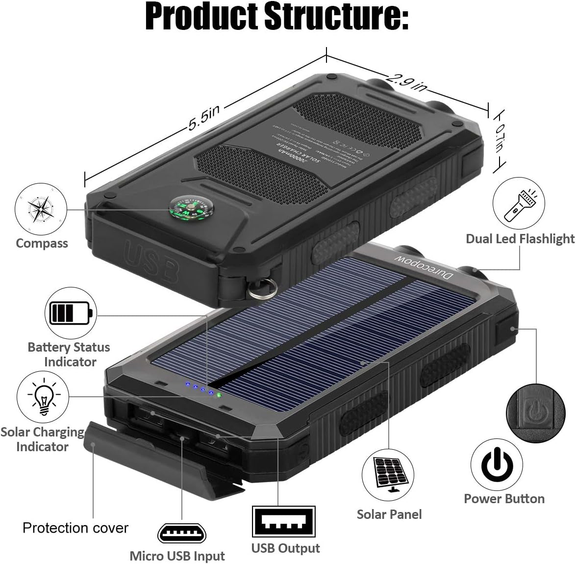 Solar Charger, 20000Mah Portable Outdoor Waterproof Solar Power Bank, Camping External Backup Battery Pack Dual 5V USB Ports Output, 2 Led Light Flashlight with Compass (Black)