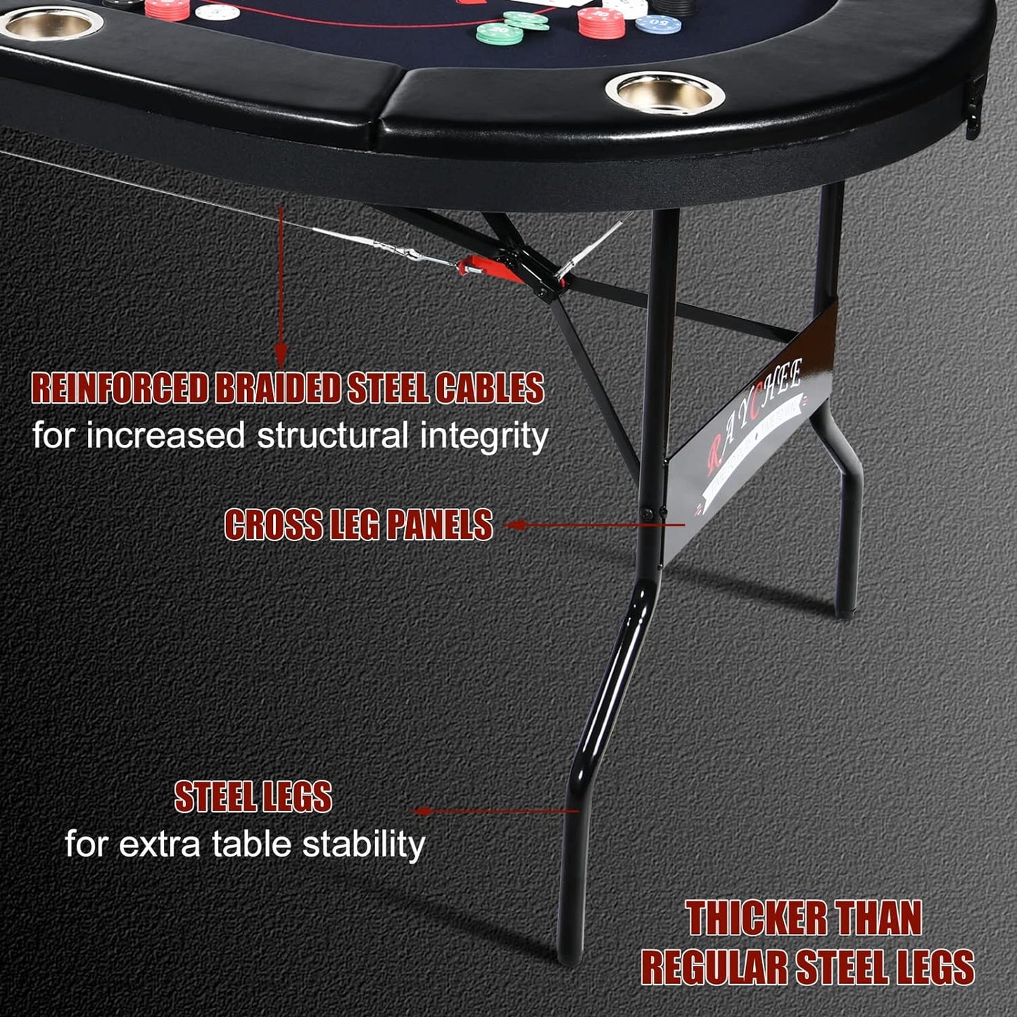 8 Player Foldable Poker Table, Texas Holdem Table, Folding Leisure Game Table, Portable Casino Table for Game Room with Padded Rails and Cup Holders (Black, 71 Inch)