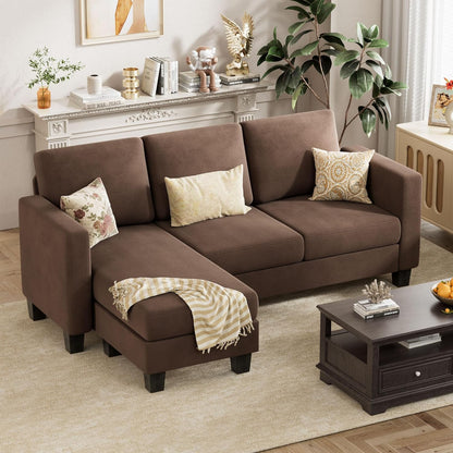 Convertible Sectional Sofa Couch, 3 Seat L-Shaped Sofa with Linen Fabric, Movable Ottoman Small Couch for Small Apartments, Living Room and Office (Brown)