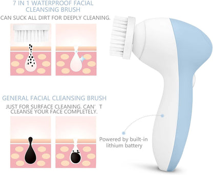 Rechargeable Facial Cleansing Spin Brush Set with 7 Exfoliating Brush Heads - Complete Face Spa System by  - Advanced Microdermabrasion for Gentle Exfoliation and Deep Scrubbing