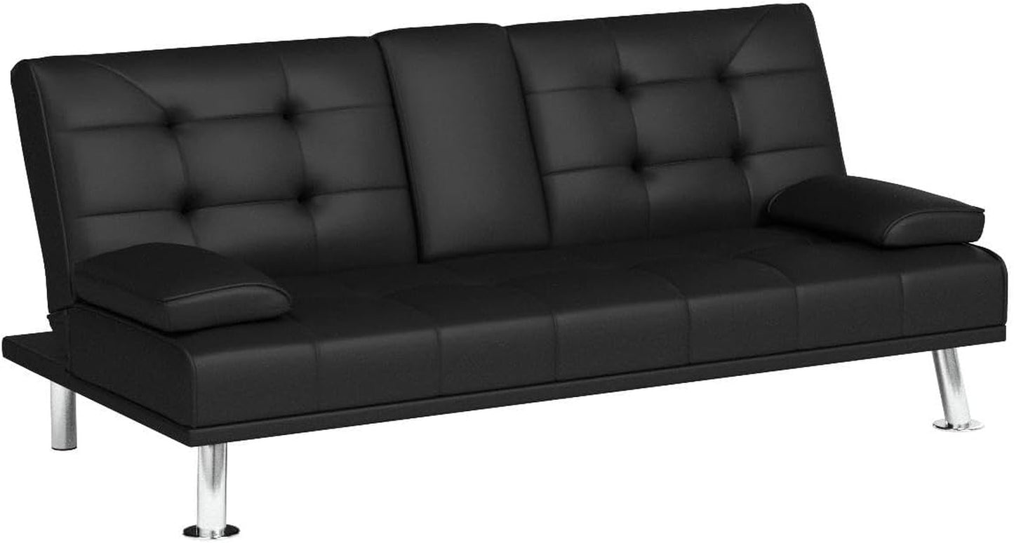 Futon Sofa Bed Modern Folding Futon Set Faux Leather Convertible Recliner Lounge for Living Room with 2 Cup Holders, Removable Armrests (Faux Leather, Black)