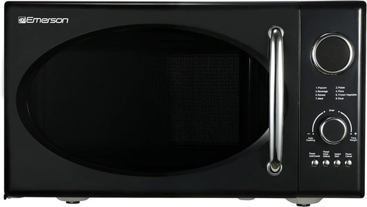 Radio .9 Cu Ft Digital Microwave Oven, Grill Function, 1,000 Watt, Retro & Chrome, 8 Pre-Programmed Settings, Express & Defrost, Chrome Handle & Control Buttons, Timer & LED Display,Black