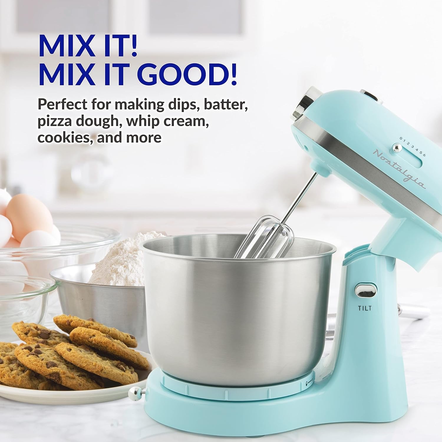 Classic Retro Professional 3.5 Qt Stand Mixer with Tilt Head and Stainless Steel Bowl, Six-Speed, Includes Dough Hooks and Beaters, Aqua