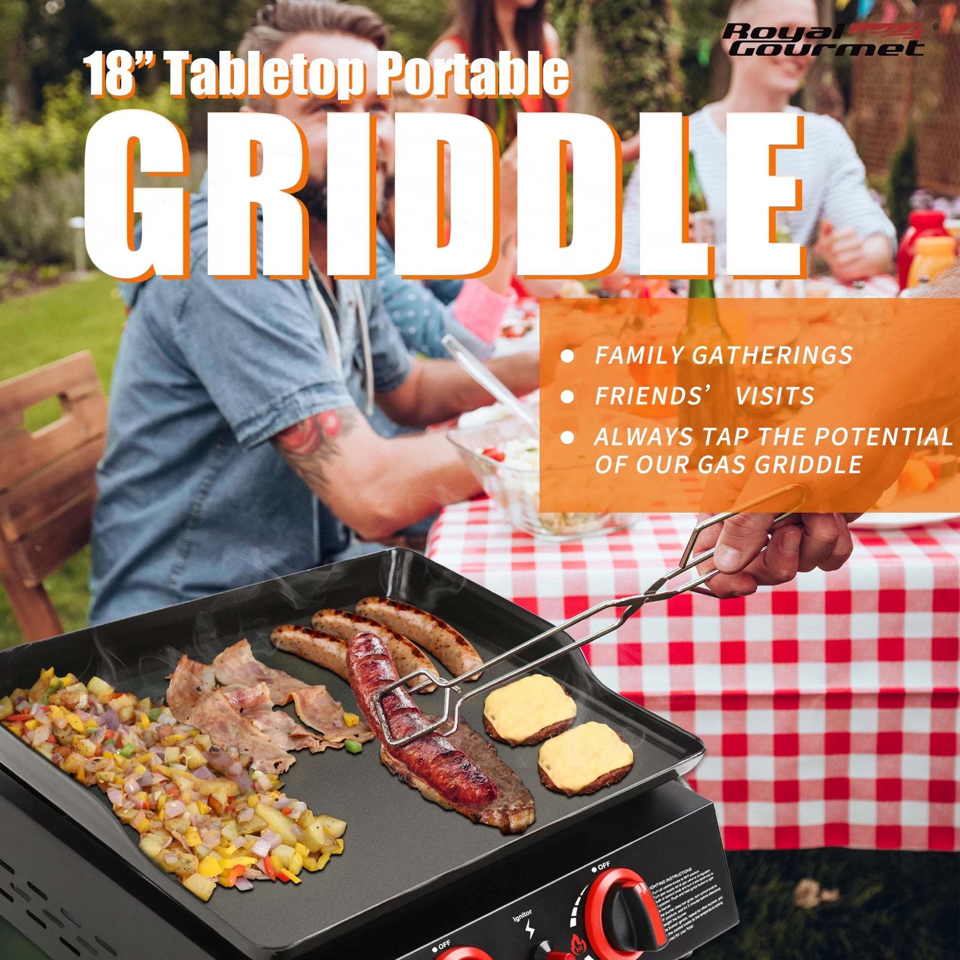 18" PD1203A 2-Burner Portable Countertop Griddle, 16,000 BTU Gas Grill Griddle