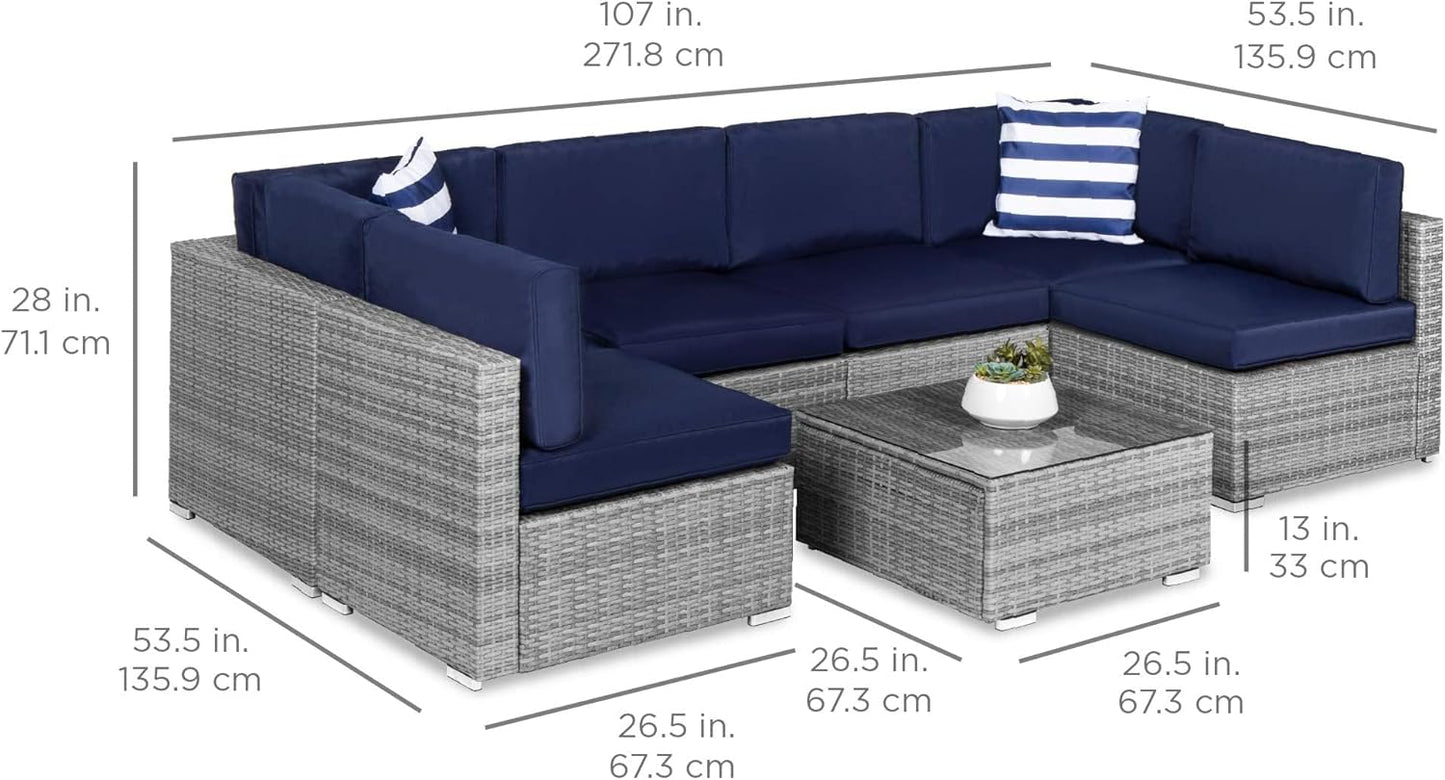 7-Piece Modular Outdoor Sectional Wicker Patio Conversation Set W/ 2 Pillows, Coffee Table, Cover Included - Gray/Navy - Design By Technique
