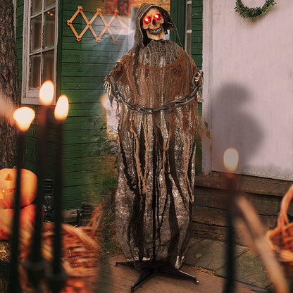 67" Halloween Animatronics Grim Reaper with Chain, Halloween Skeleton Life Size with Light-Up Eyes and Creepy Sound, Scary Halloween Decorations outside Haunted House Props Outdoor Holiday Decor