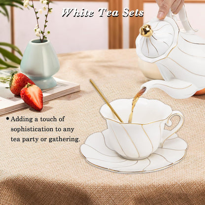 Porcelain Tea Set, 22 PCS Tea Serving Set, White Tea Sets for Adults, Afternoon Tea Set for 6 with Golden Trim, Teapot, Cups, Saucers, Sugar Bowl, Creamer, Spoons - Tea Set with Stand