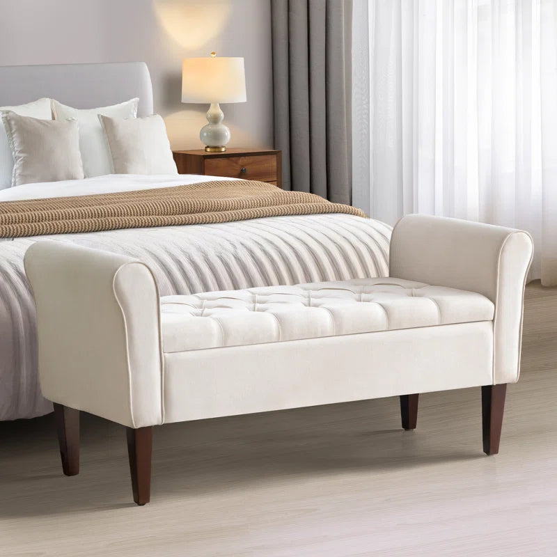 Polyester Upholstered Storage Bench with Tufted Flip Top and Wooden Legs