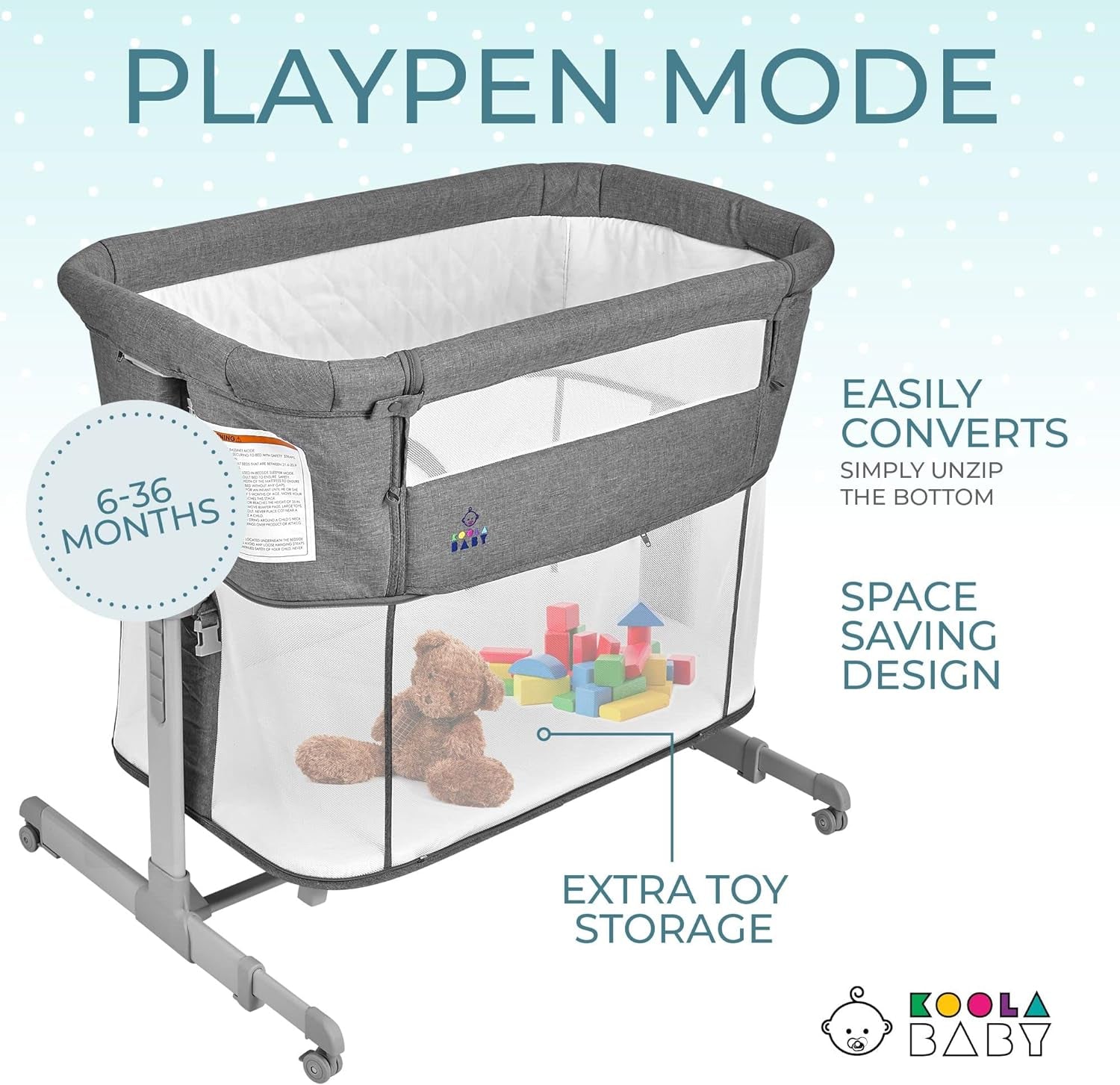 3 in 1 Baby Bassinet, Bedside Sleeper, & Playpen, Easy Folding Portable Crib (Grey)- Koolababy (Bassinet) - Design By Technique