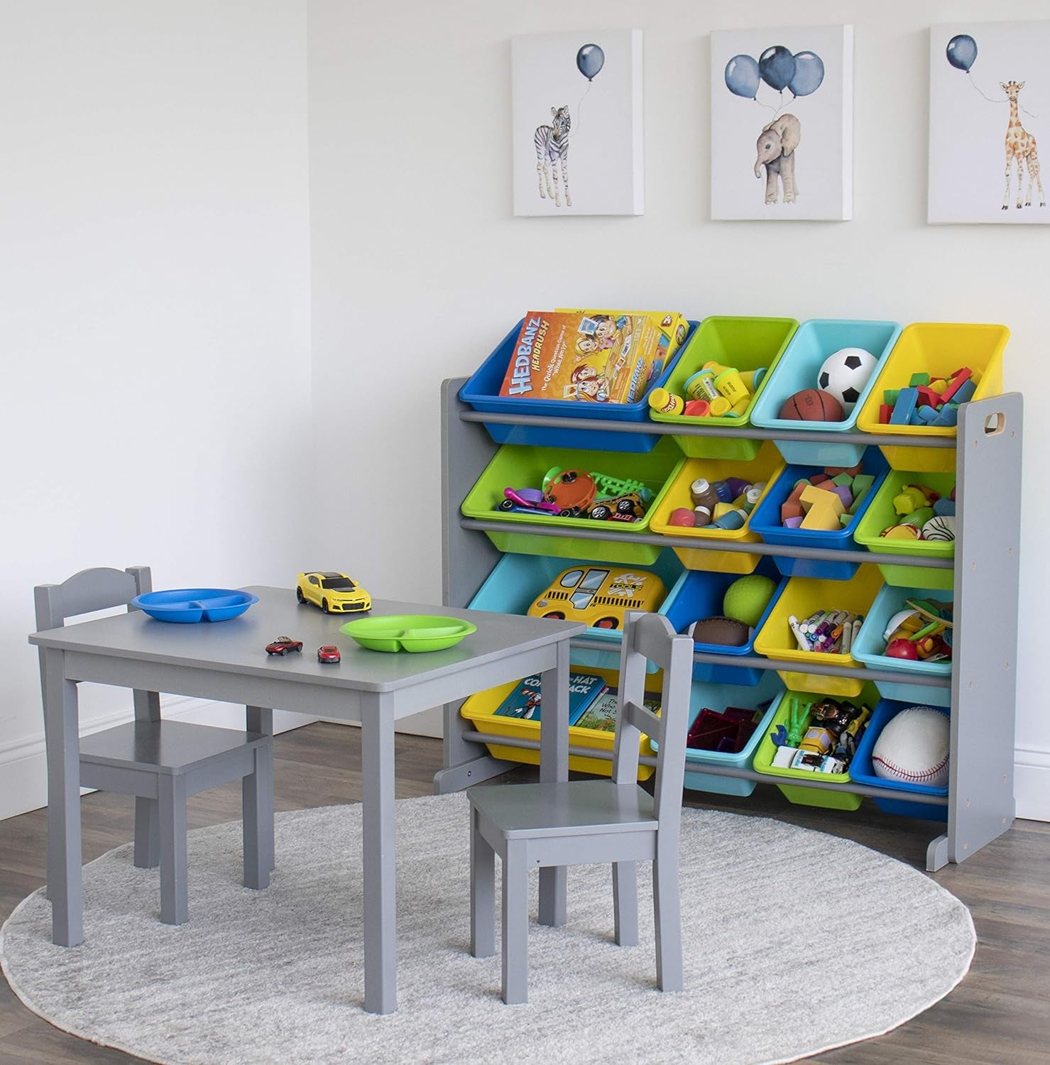 Extra-Large Toy Organizer, 16 Storage Bins, Grey/Blue/Green/Yellow,15.5"D X 42"W X 35"H