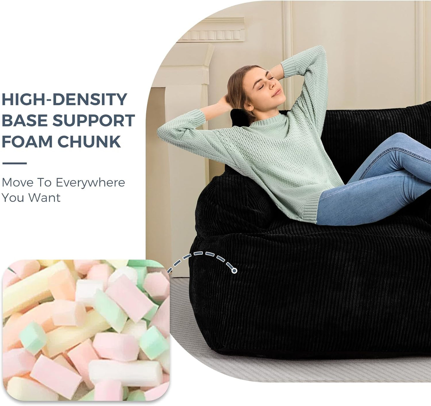 Giant Bean Bag Chair, Stuffed Bean Bag Couch with Filler Large Living Room Bean Bag Chair for Adults, Big Lazy Sofa Accent Chair with Pocket Floor Chair for Gaming, Reading, Black