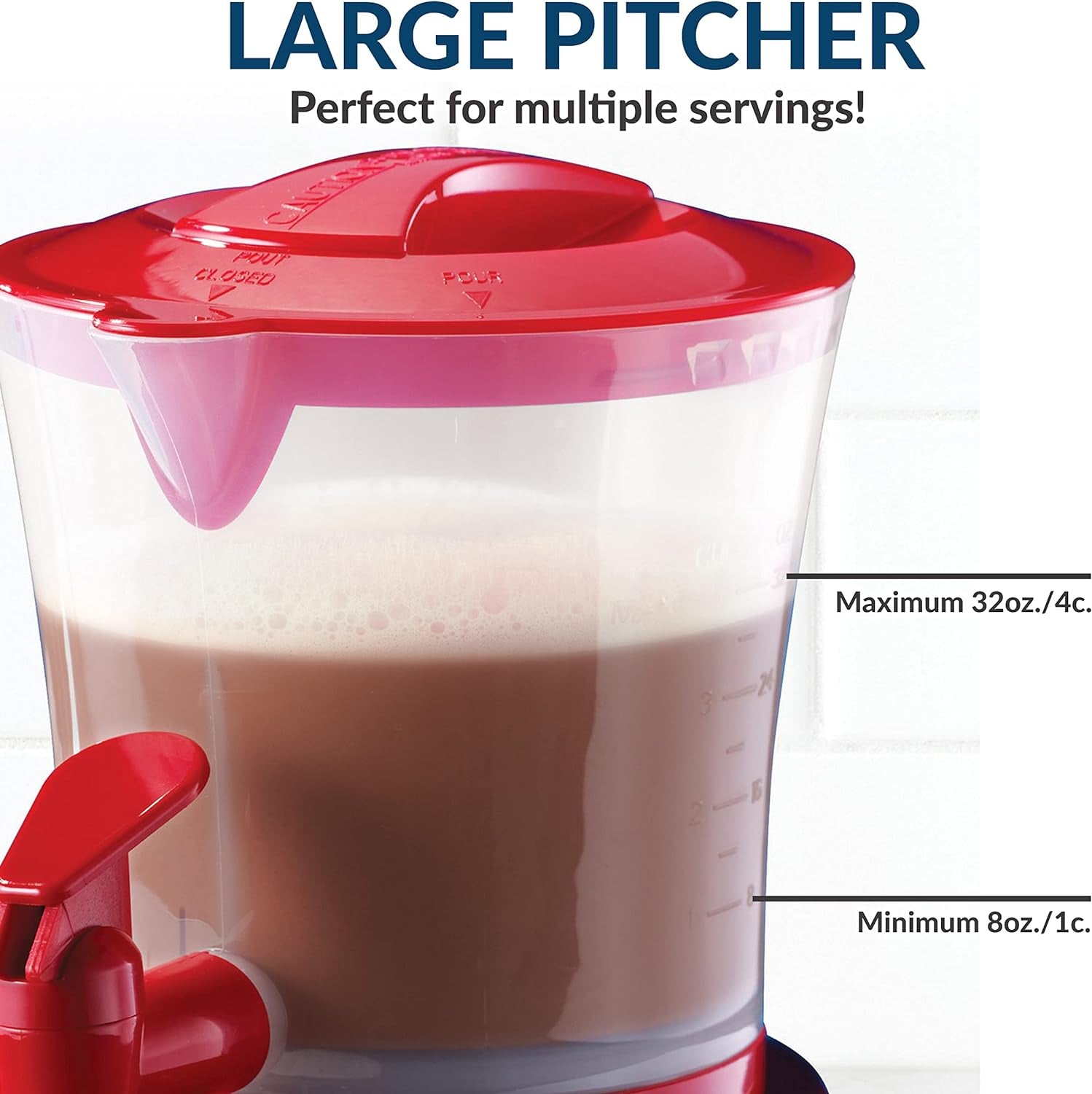 Retro Frother and Hot Chocolate Maker and Dispenser, 32 Oz, for Coffees, Lattes, Cappuccinos, Red