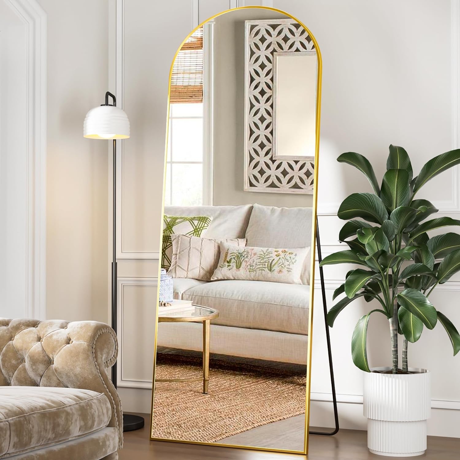 64X21 Inches Full Length Home Mirror, Freestanding Floor Mirror, Semi-Circle, Gold, Floor Mount, Modern, Aluminum, Living Room, Bedroom, Cloakroom - Design By Technique