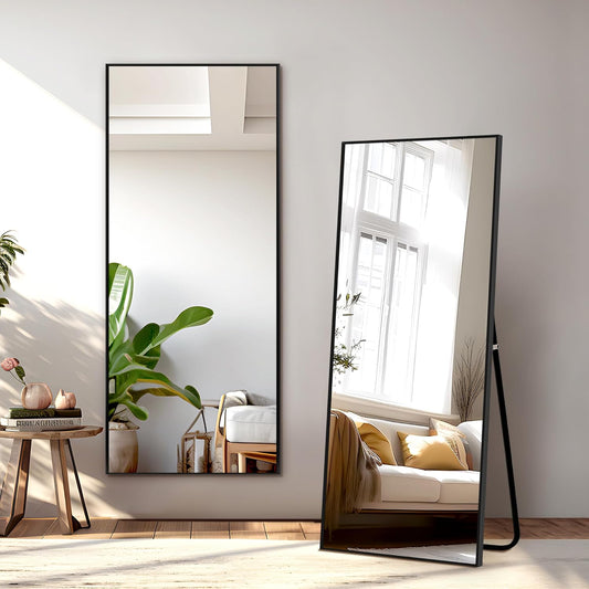 Full Length Mirror with Stand, 56"X19" Aluminum Alloy Frame Floor Mirror, Black, Shatter-Proof Glass - Free Standing, Leaning against Wall or Wall-Mounted, for Bedroom Living Room Dressing Room