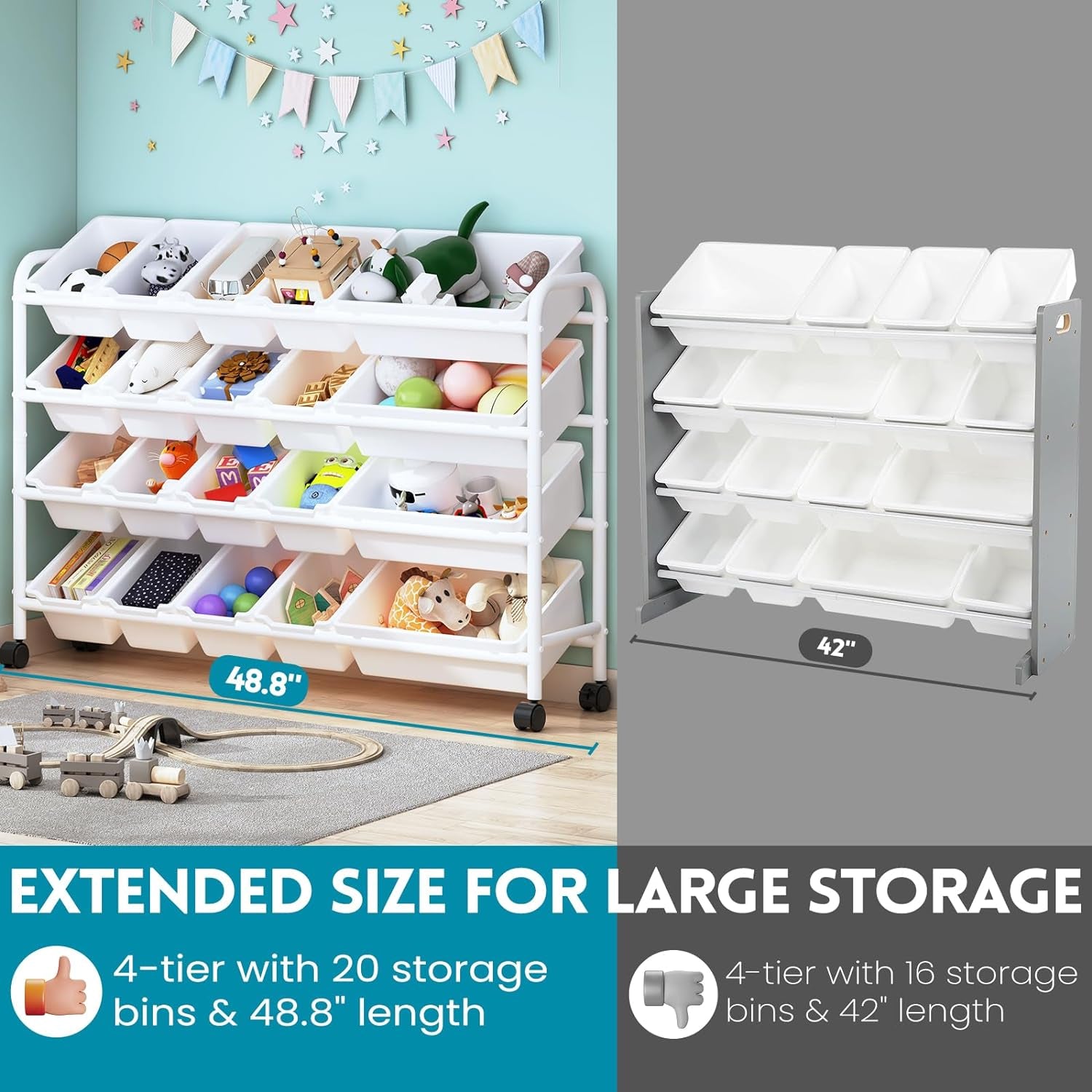 Kids Toy Storage Organizer with 20 Plastic Bins, 4-Tier Metal Toy Storage Rack, Extra Large Toy Organizer and Storage Bins for Kids Room, Playroom and Nursery, White