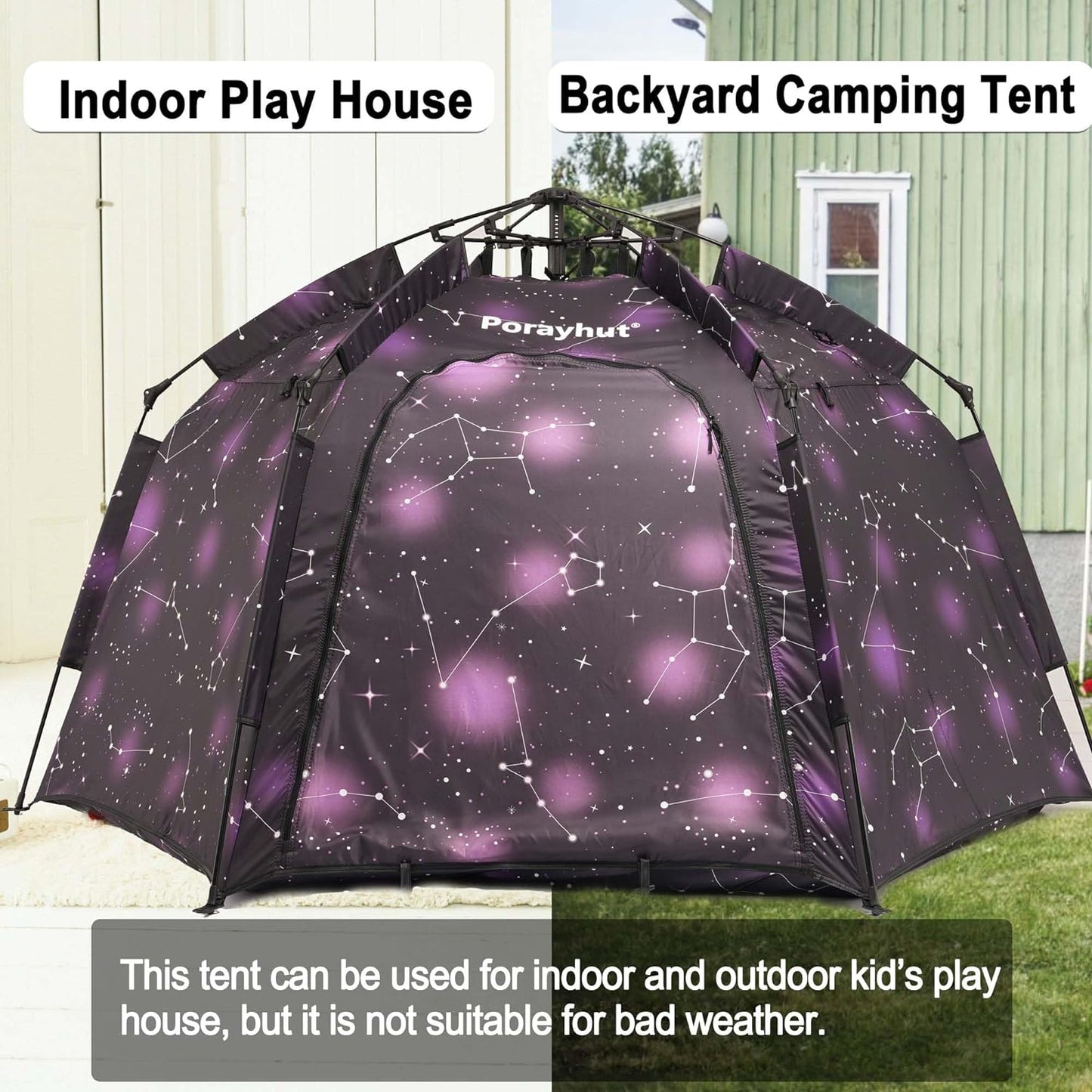 Portable Hexagon Kids Play Tent with LED Strip Lights Indoor Children Play House Easy Set-Up Space Tent Dream Tent for Night.4-5 Person Large Tent & Birthday Gifts