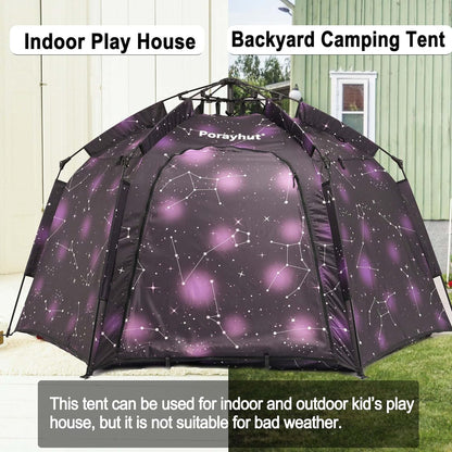 Portable Hexagon Kids Play Tent with LED Strip Lights Indoor Children Play House Easy Set-Up Space Tent Dream Tent for Night.4-5 Person Large Tent & Birthday Gifts