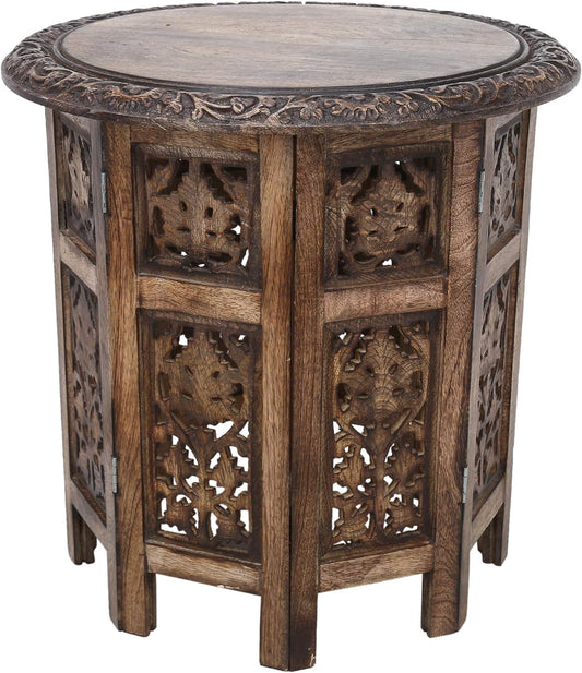 Antique Coffee Table round Boho End Furniture Carved Room Wooden Side Indian Décor 18 Inches