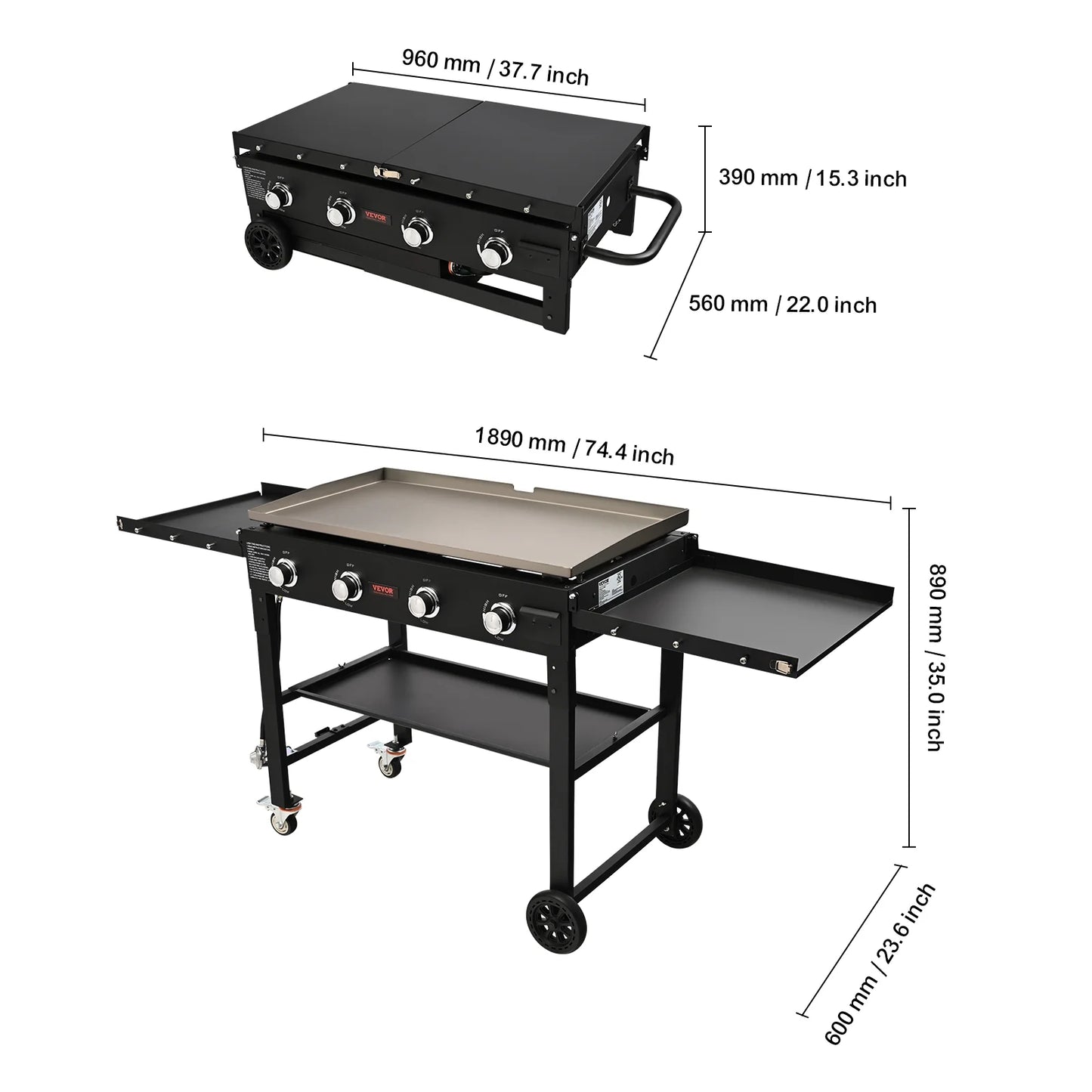 4-Burner 36" Griddle Cooking Station Countertop Commercial Gas Griddle Flat Top Grill Hot Plate Restaurant Cart