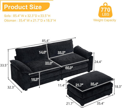 85.4" Convertible Sectional Sofa,L-Shape Deep Seat Sofa Couch for Living Room,Modern Chenille 2 Seat Loveseat Sofa with Ottoman for Small Space(Black, 85.4")