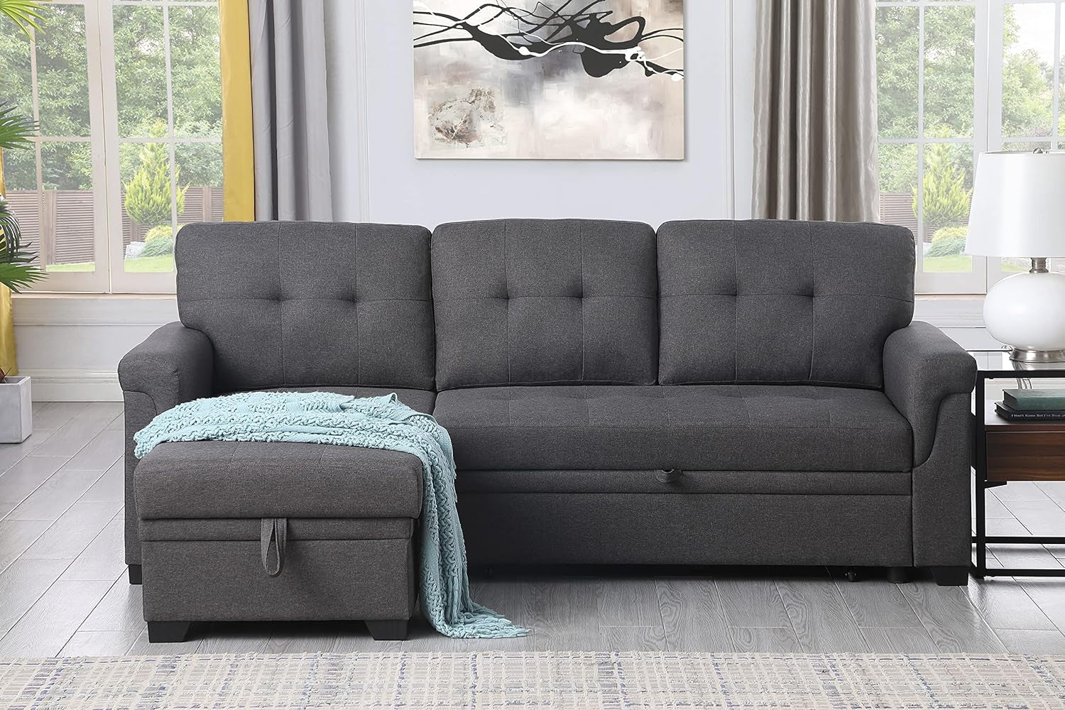 Lucca 84" W Dark Gray Linen Reversible Sleeper Sectional Sofa with Storage Chaise