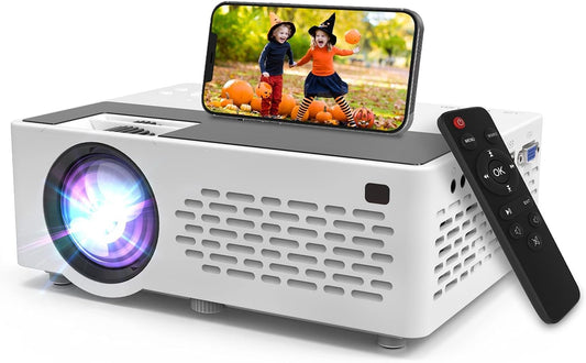 Projector, Mini Projector 1080P Full HD Supported, Portable Outdoor Movie Projector Compatible with Smartphone,Tv Stick, PS4 & X-Box, PC, Smartphone/Tablet, USB TF, White.