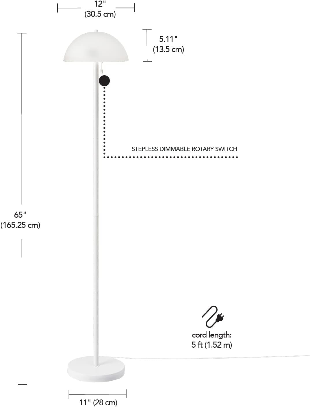 67526 Dixon 65" 2-Light Floor Lamp, Matte White, Frosted Glass Shade, Vertical Pull-Chain Stepless Dimmer Switch