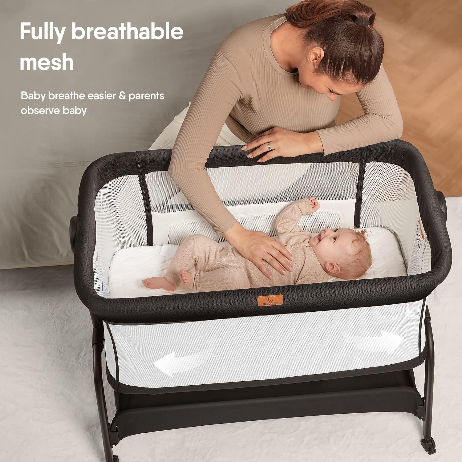 Baby Bassinet, 3 in 1 Bassinet Bedside Sleeper with Washable Soft Mattress and Sheet, 6 Height Adjustable Cosleeper Bedside Crib, 4-Sided Mesh Bedside Bassinet for Baby - Design By Technique