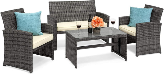 4-Piece Outdoor Wicker Patio Conversation Furniture Set for Backyard W/Coffee Table, Seat Cushions - Gray/Cream - Design By Technique