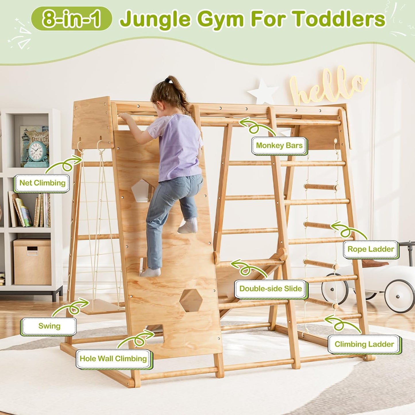 8-In-1 Indoor Jungle Gym for Toddlers with Slide, Climbing Toys for Toddlers 2-6 Yrs, Montessori Indoor Playground, Swing and Climbing Rock, Wooden Climber Playset for Kids