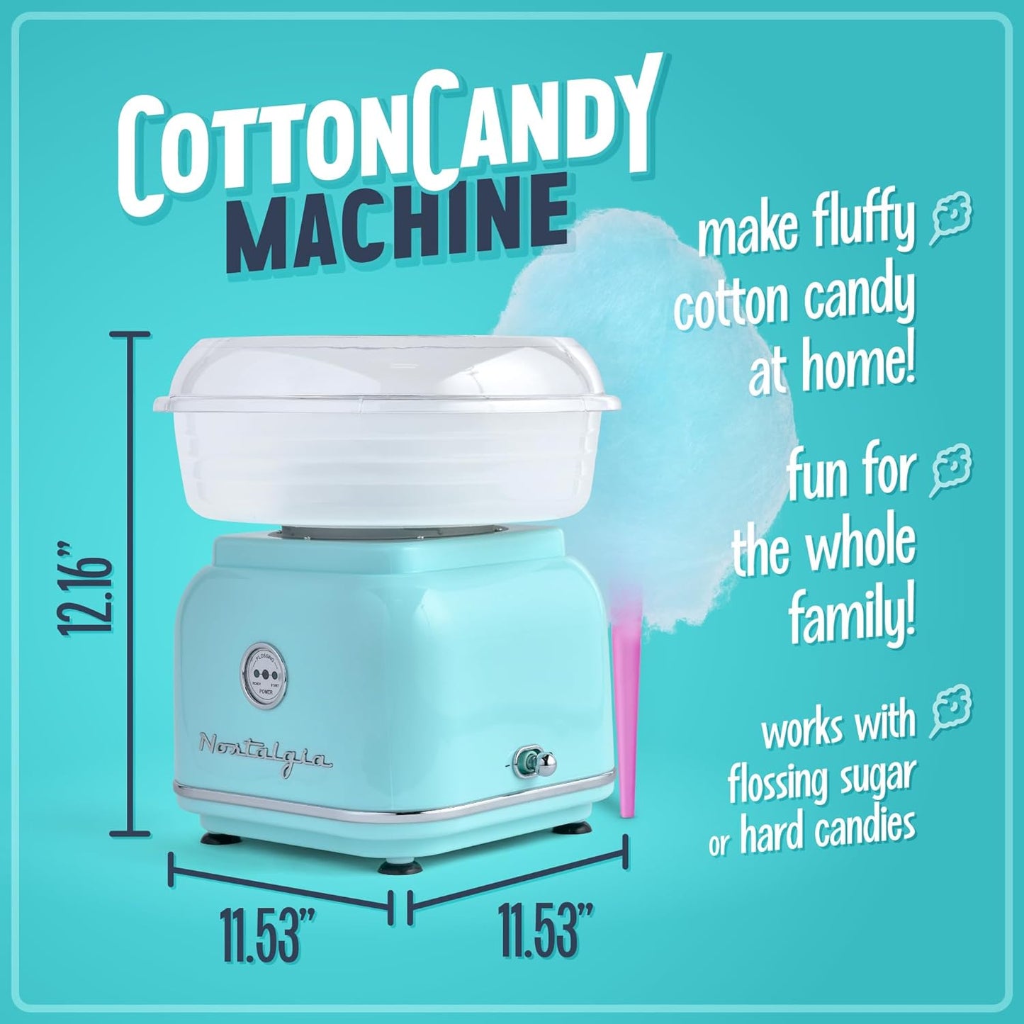 Classic Countertop Cotton Candy Machine, Manual, Retro Vintage Candy Maker Includes 2 Reusable Cones & Scoop, Aqua