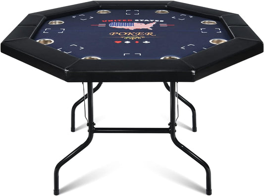 Poker Table Foldable, 8 Player Octagonal Folding Portable Texas Holdem Table with Water-Resistant Cushioned Rail, 8 Stainless Steel Cup Holders, Casino-Grade Felt Surface (48Inch, Black)