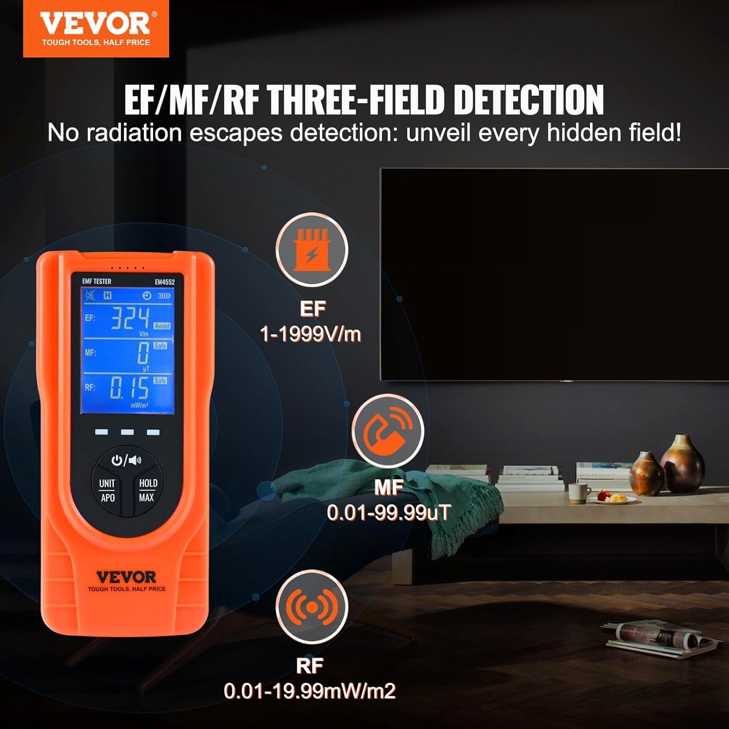 3-In-1 EMF Meter, 5Hz - 3.5Ghz, Handheld Rechargeable Electromagnetic Field Radiation Detector, Digital LCD EMF Tester for EF MF RF Home Inspections Outdoor Ghost Hunting Paranormal Equipment