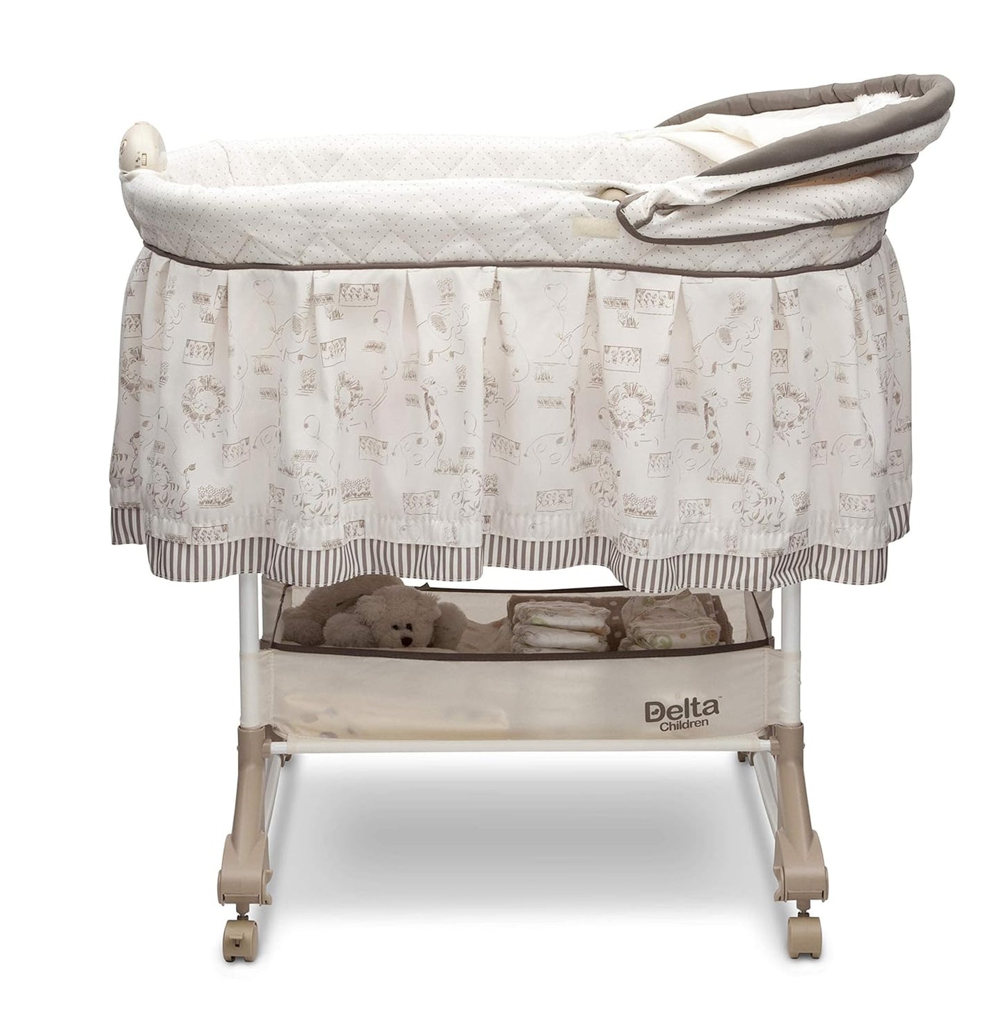 Rocking Bedside Bassinet - Portable Crib with Lights Sounds and Vibrations, Play Time Jungle - Design By Technique