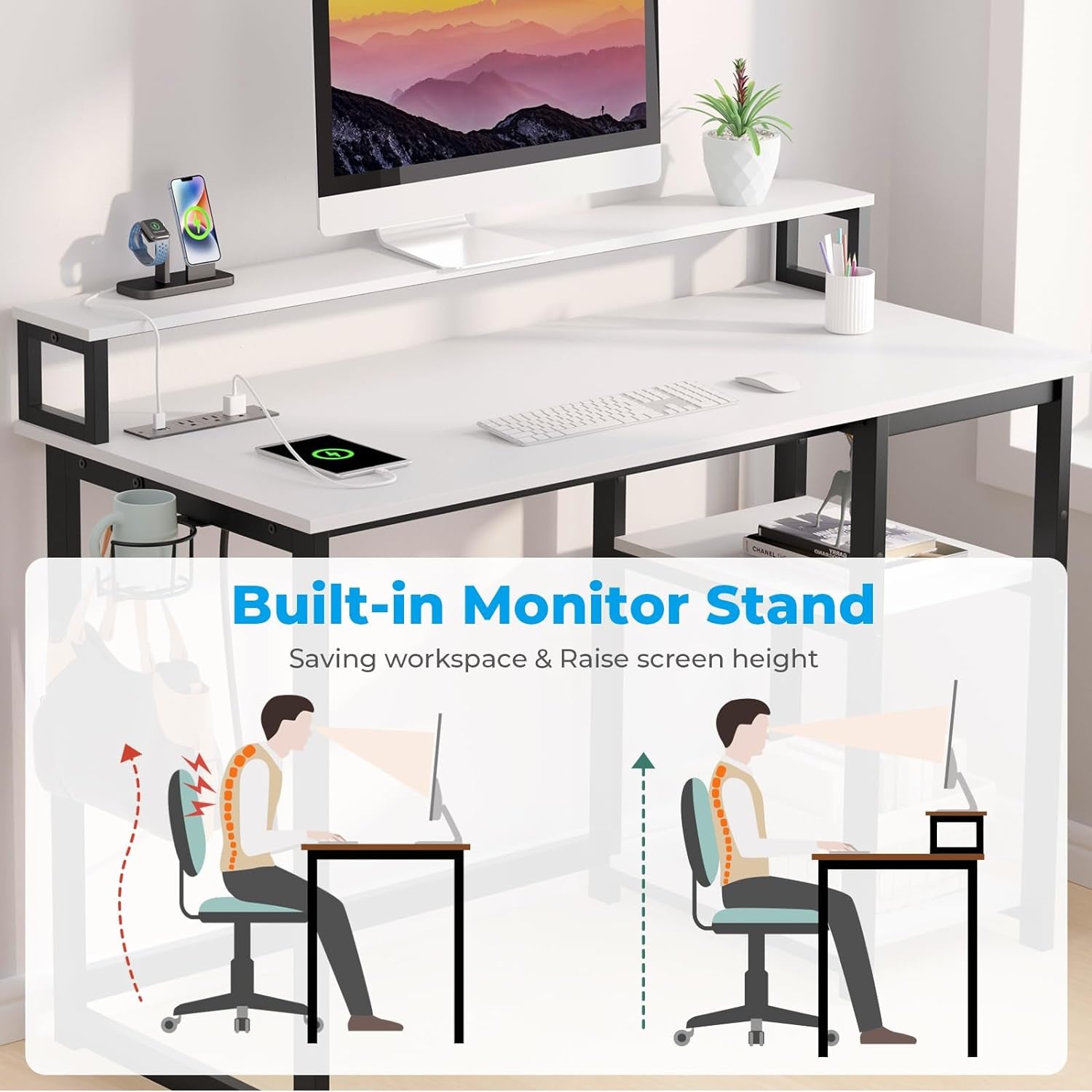 Computer Desk with USB Charging Port and Power Outlet, Reversible Small Desk with Monitor Stand and Storage Shelves for Home Office, 40 in Work Desk with Cup Holder Hook, White