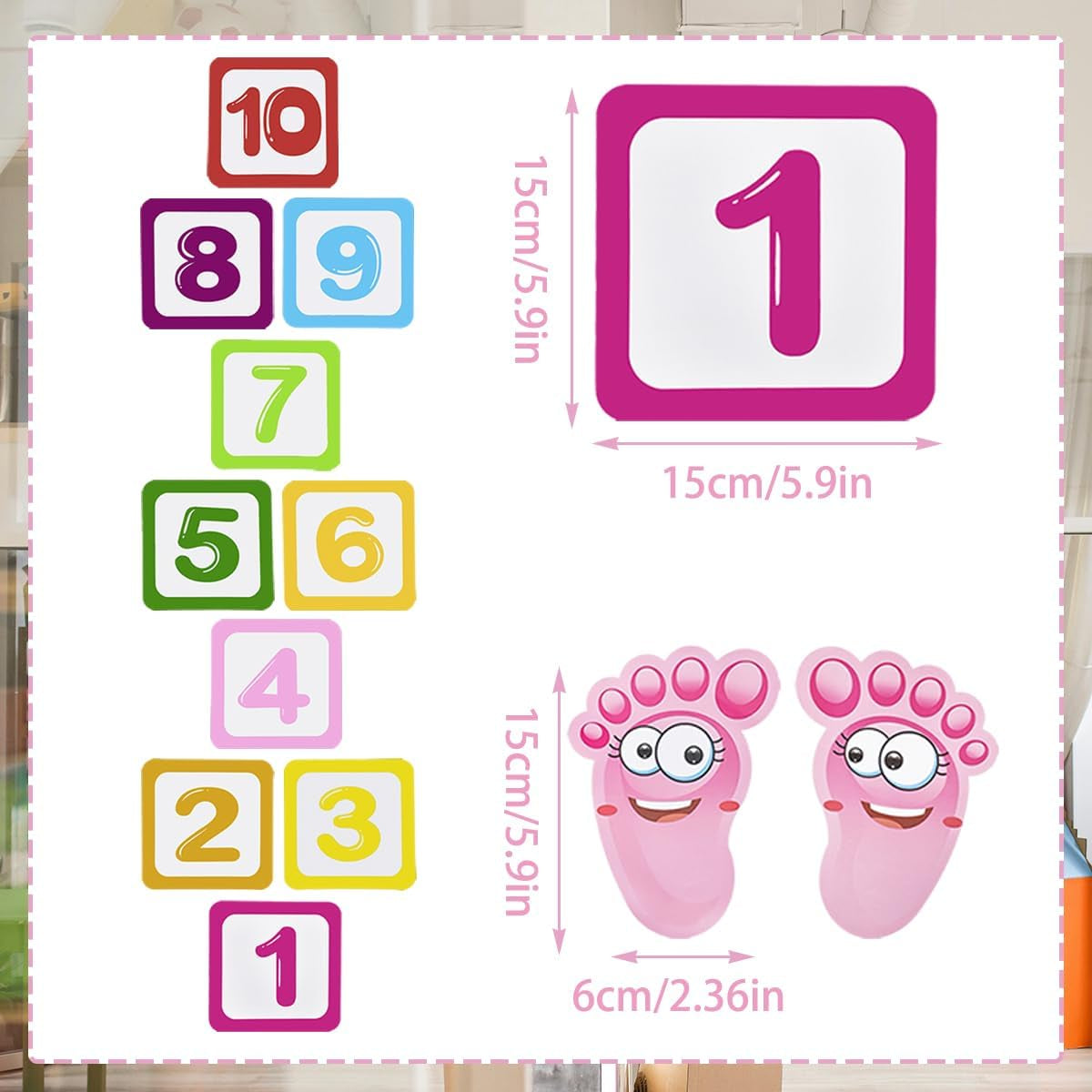 10 PCS Number Lattice Floor Sticker with 1 Pair Kids Footprint Stickers, Funny Number Hopscotch Game Floor Stickers Wall Decals for Classroom Bedroom Living Room Ground Corridor Nursery
