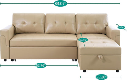 Transform Any Space: Sleeper Sectional Sofa with Convertible Sofa Bed & Inviting Chaise. Find Tranquil Comfort with Stress-Relieving Design & Durable Cushions - Beige/Air Leather