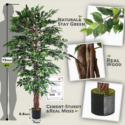 6Ft Artificial Ficus Tree for Home Decor, 6 Feet Faux Plant Fake Silk Trees with Pot for Indoor Outdoor House Living Room Office Garden (6 Ft Tall)