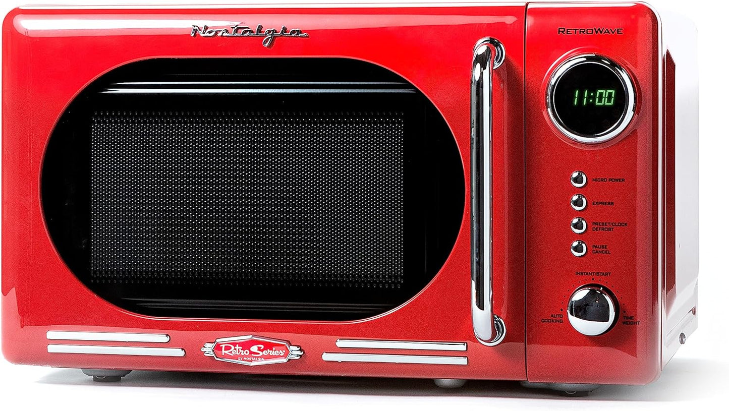 Retro Compact Countertop Microwave Oven - 0.7 Cu. Ft. - 700-Watts with LED Digital Display - Child Lock - Easy Clean Interior - Red