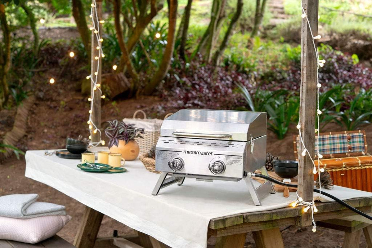 Premium Outdoor Cooking 2-Burner Grill, While Camping, Outdoor Kitchen, Patio Garden, Barbecue with Two Foldable Legs, Silver in Stainless Steel